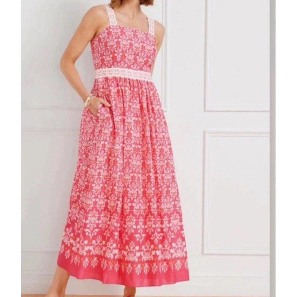 Talbots Coral Pink Voile Sleeveless Flare Maxi Dress Pockets Sundress Cotton 10P - Picture 3 of 15